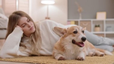 Orta boylu, sarı saçlı, beyaz bir kadın oturma odasında yerde uzanıyor. Neşeli, şirin Pembroke Welsh Corgi köpeği, hayvan esniyor.