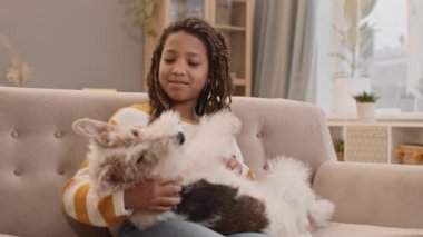 Orta yaşlı, neşeli Afrikalı kız kanepede oturuyor, dikkatsiz, tapılası Tel Tilki Teriyer köpeğini kollarına alıyor, sonra da beklenmedik bir hayvan hareketinden korkuyor.