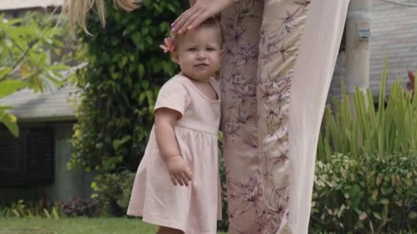 Medium Long Pov Cheerful Caucasian Baby Girl Wearing Pink Dress — Stok video