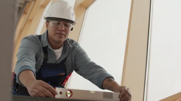 Low Angle Medium Shot Professional Young Construction Worker Wearing Helmet — Stockvideo