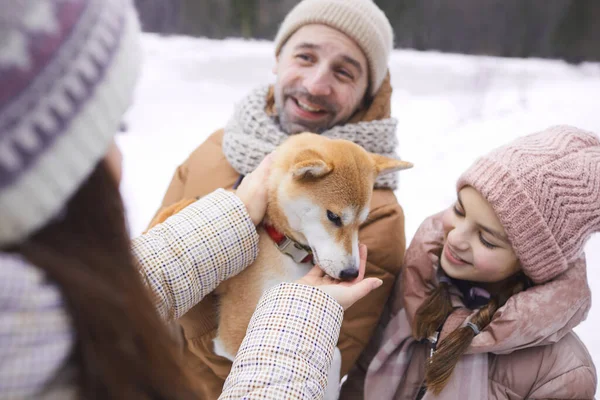 Hochwinkelporträt Einer Modernen Glücklichen Familie Die Mit Hund Spielt Während — Stockfoto