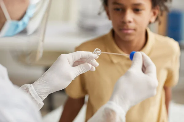 Close Unrecognizable Doctor Taking Covid Swab Test African American Boy — Stock Photo, Image