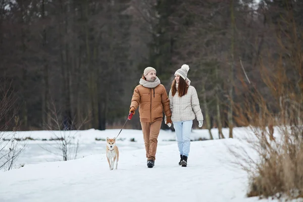 Ganzkörperporträt Eines Glücklichen Erwachsenen Paares Das Winter Zusammen See Spazieren — Stockfoto