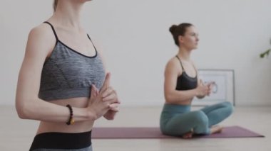 İki beyaz kadının şık spor giysiler giyip yoga minderlerinin üzerinde lotus pozisyonunda oturarak hatha yoga çalışmaları yapması.