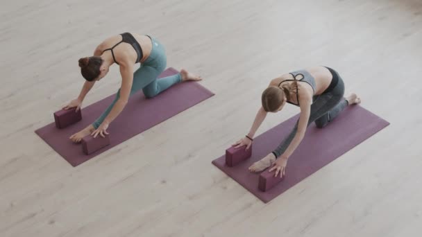 两名穿着运动服的女运动员在室内伸展训练时在橡皮垫上做伸展运动的高视角图像 — 图库视频影像