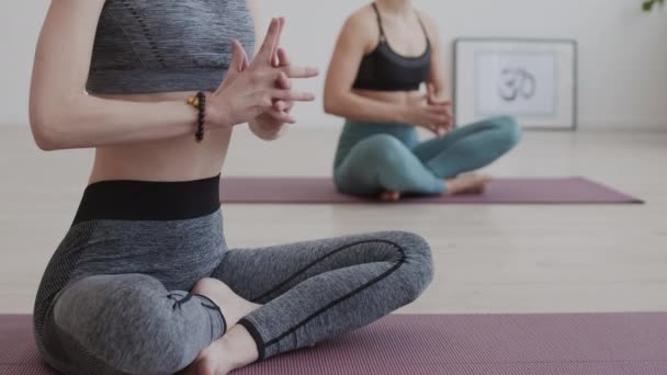 Bloqueo Dos Mujeres Irreconocibles Con Ropa Deportiva Elegante Sentadas Una — Vídeos de Stock