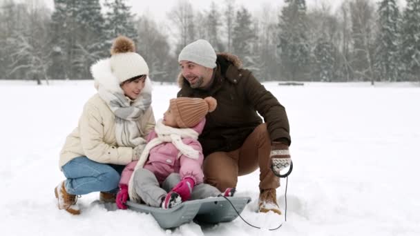白人の夫とアジアの妻の完全なハメ撮りは 彼らの子供の側に座ってそりに座って 家族はお互いを見て その後 カメラにし 白雪公園で笑顔 — ストック動画