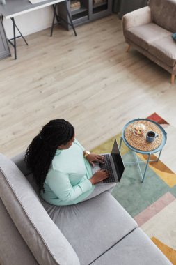 Kıvrımlı Afro-Amerikan kadınlarına dikey yüksek açı görünümü, dizüstü bilgisayar kullanarak kanepenin üzerinde otururken, ev içini kopyalayarak,