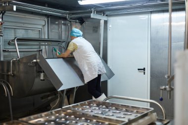 Endüstriyel gıda fabrikasındaki atölyede çalışan olgun kadın işçilere bakış açısı, kopyalama alanı