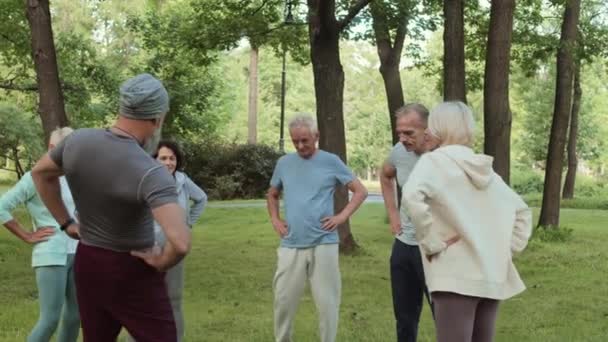 Medelhög Bild Grupp Seniora Idrottsmän Som Värms Upp Innan Träning — Stockvideo