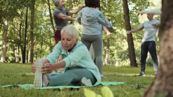 公園のゴムマットに座って 彼女の足を伸ばし バックグラウンドでワークアウトをしている間にカメラを見て短い散髪を持つ古い白人のスポーツ女性のパンニング — ストック動画