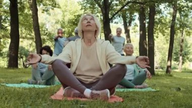 Spor kıyafetleri giymiş üç yaşlı kadın yogi parktaki yoga minderleri üzerinde oturup meditasyon yaparken yaşlı sporcular arka planda antrenman yapıyor.