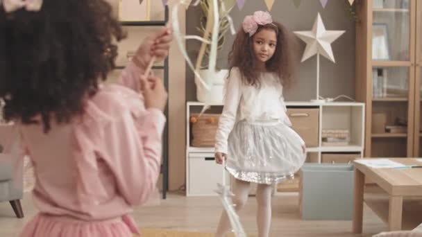 Full Shot Cute Little Mixed Race Girl Standing Living Room — Vídeo de stock