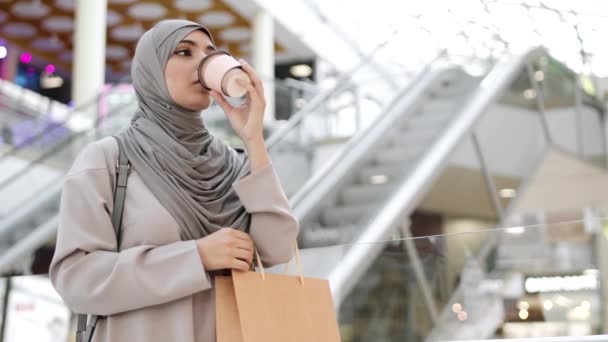 Orta Boy Gri Tesettürlü Genç Bir Kadının Alışveriş Poşeti Kahve — Stok video
