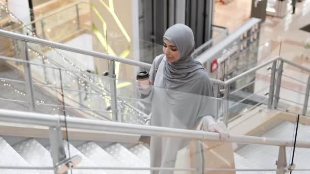 Lockdown Young Attractive Muslim Woman Wearing Grey Abaya Hijab Holding — Stock Video