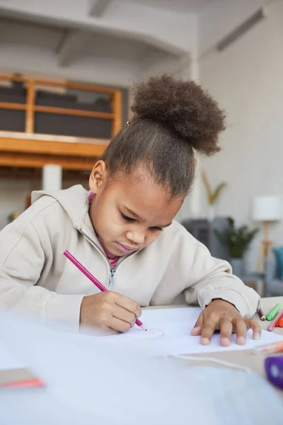 Vertical Portrait Cute African American Girl Drawing Pictures While Sitting — Stock Photo, Image