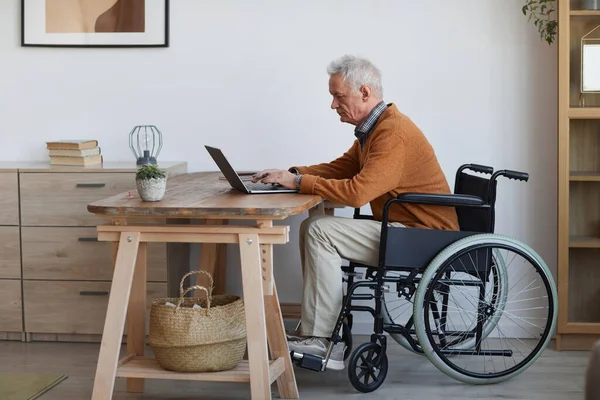 Full Length Side View Portrait Senior Man Wheelchair Using Laptop — Stock Photo, Image