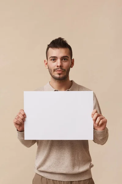 Minimal Waist Portrait Young Man Holding Blank White Sign Looking — Stock Photo, Image