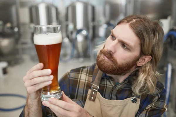 Retrato Cervejeiro Barbudo Segurando Vidro Cerveja Inspecionar Qualidade Produção Fábrica — Fotografia de Stock