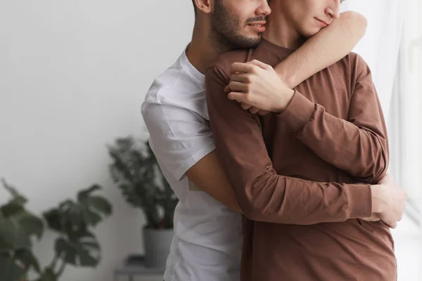 Cropped Portrait Young Gay Couple Embracing Tenderly While Standing Window — Stock Photo, Image
