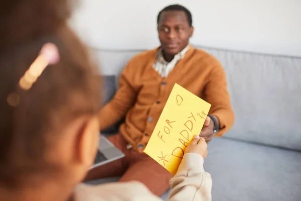 Close Unrecognizable African American Girl Giving Surprise Gift Dad Fathers — Stock Photo, Image