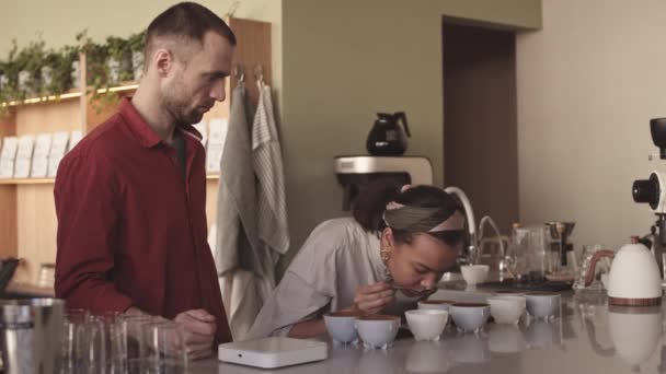 2つのプロの女性とバリスタバーでのカップテイスターでコーヒーの異なる種類の試飲の中程度のショット コーヒーの劣化 — ストック動画