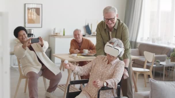 Medium Long Happy Handicapped Woman Wearing Goggles Earphones Her Senior — Stock Video