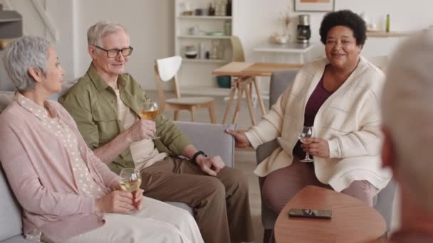 中長い多様な白髪のカップルのソファの上に座って アフリカの女性は アームチェアで話して 認識できない友人を見て 一緒に白ワインを飲んで — ストック動画