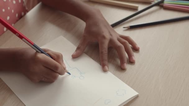 High Angle Cropped Unrecognizable Kid Drawing Person Pencil Paper — Stock Video