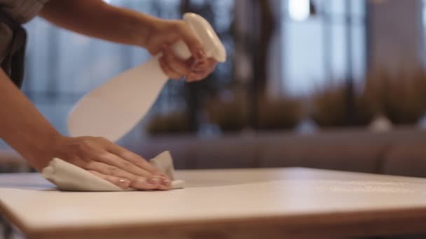 Locked Unrecognizable Person Hands Only Frame Spraying Disinfecting Liquid Wiping — Stock Video