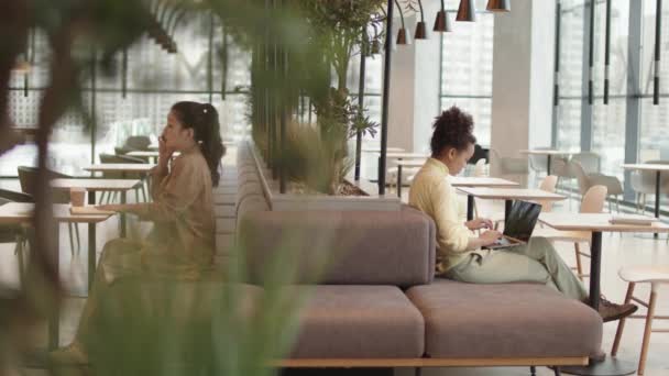 スマートフォンで話している若いアジアの女性の広い側面ビュー ラップトップコンピュータを使用して混合レースの女性の顧客 レストランでの分裂島の間でソファの上に座っています — ストック動画