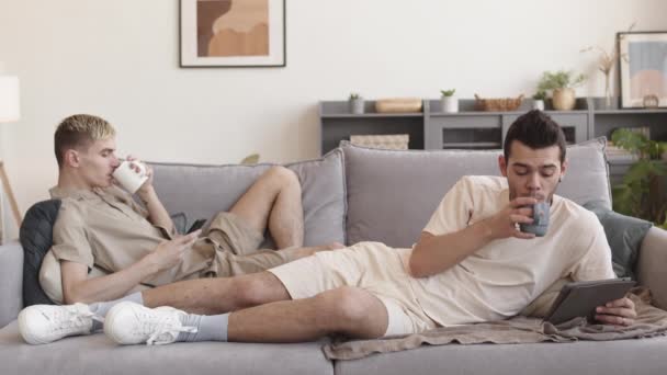 许多年轻的金发白种人和他的男朋友穿着休闲装躺在客厅的沙发上 喝咖啡和使用小玩意 — 图库视频影像