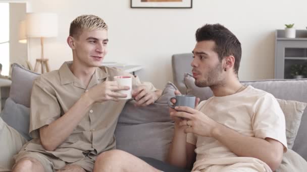 中等比例的年轻的金发白人男子和他的男朋友穿着休闲装坐在客厅的沙发上 喝咖啡和交流 — 图库视频影像