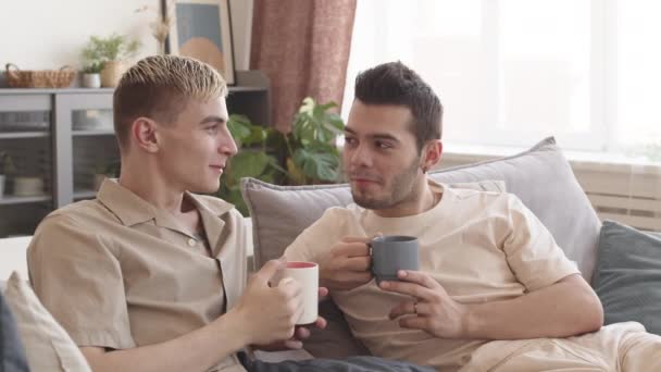 Střední Záběr Dvou Mladých Bělochů Neformálním Oblečení Sedících Gauči Obývacím — Stock video