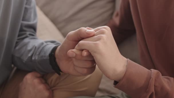 Close Two Unrecognizable Young Men Holding Tenderness Hands Each Other — Stock Video