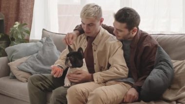 Oturma odasındaki kanepede oturan ve küçük lastik top kullanarak Fransız buldoguyla oynayan iki beyaz adam.