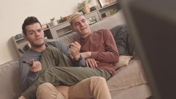 Lockdown Young Cheerful Caucasian Gay Couple Wearing Casual Clothes Sitting — Stock Video