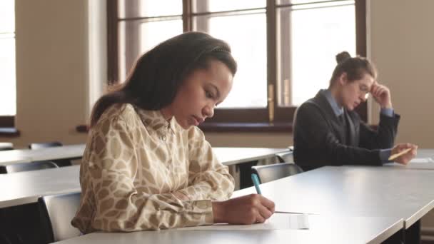 Imagen Retroiluminada Una Estudiante Universitaria Raza Mixta Escribiendo Papel Con — Vídeos de Stock