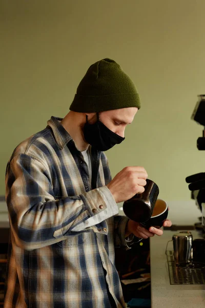 Vertical Side View Portrait Male Barista Making Fresh Coffee Cream — Stock Photo, Image