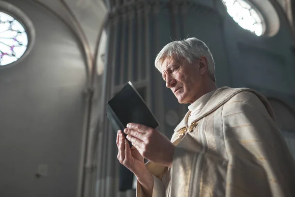 Sacerdote Principal Traje Formal Leyendo Oraciones Mientras Celebra Ceremonia Iglesia —  Fotos de Stock