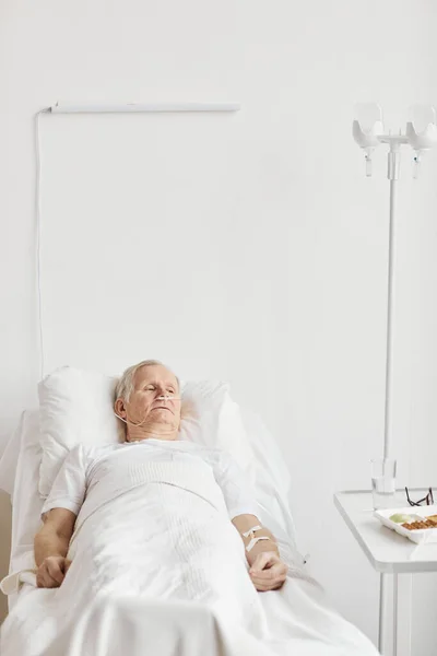 Vertical Portrait Senior Man Lying Bed Hospital Room Drip Oxygen — Stock Photo, Image