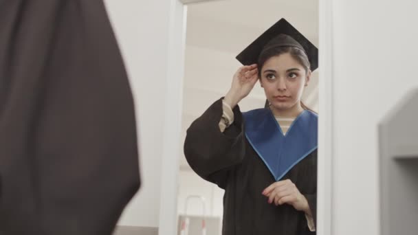 Rear View Young Mixed Race Woman Wearing Graduation Gown Hat — Stock Video