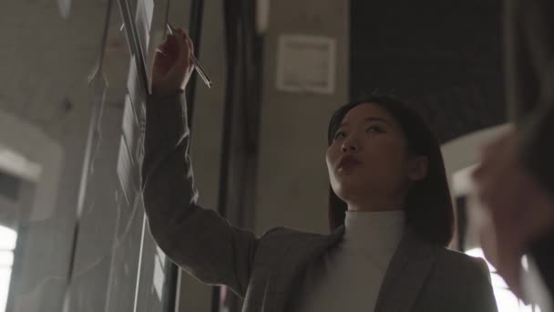 年轻的亚洲女人站在现代化的阁楼房间里 用贴在墙上的小纸片写着 与难以辨认的同事交谈 这是一个低角度的中等特写镜头 — 图库视频影像