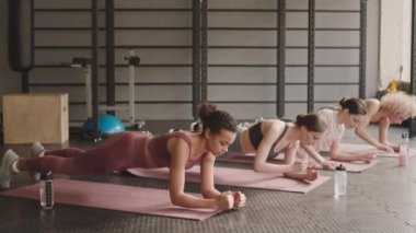 Dört yağsız, karışık ırk ve beyaz kadın sporcuların, gün içinde spor salonunda yoga minderleri üzerinde dirseklerine ve düz kollarına oturarak kalas pozisyonu aldıkları uzun bir çekim.