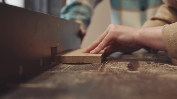 Fechar Mãos Dois Carpinteiros Masculinos Femininos Irreconhecíveis Que Cortam Prancha — Vídeo de Stock