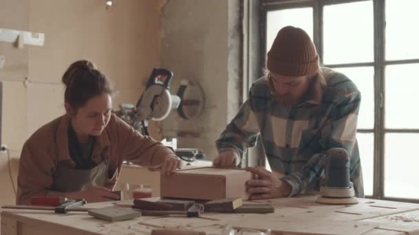 Colpo Medio Falegnamerie Caucasiche Maschili Femminili Piedi Banco Lavoro Officina — Video Stock