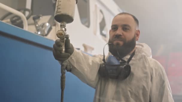 Chest Bearded Man Wearing White Hazmat Suit Respirator Hanging Neck — Stock Video