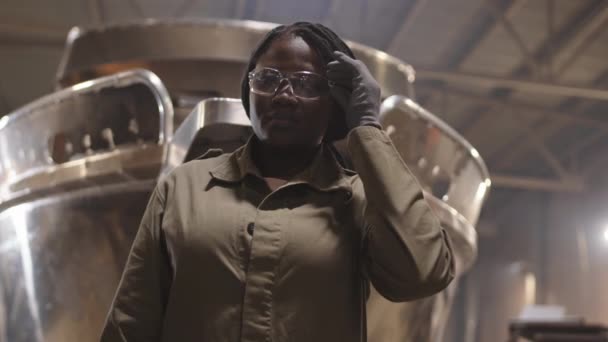 Nízkoúhlý Portrét Mladé Africké Pracovnice Loděnice Stojící Popředí Kovového Člunu — Stock video
