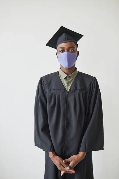 Vertical Portrait Young African American College Graduate Wearing Mask Indoors — Stock Photo, Image
