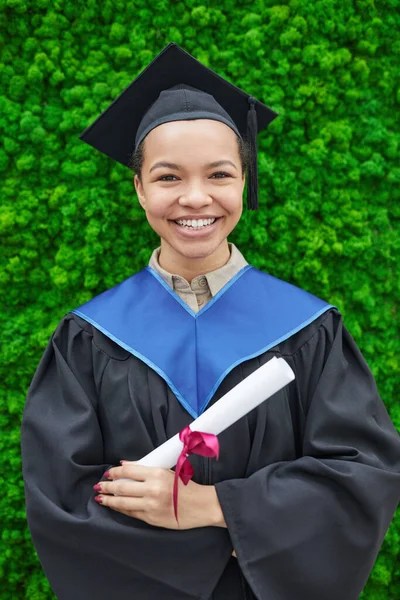 Vertical Waist Portrait Happy Young Woman Wearing Graduation Gown Smiling — Stock Photo, Image